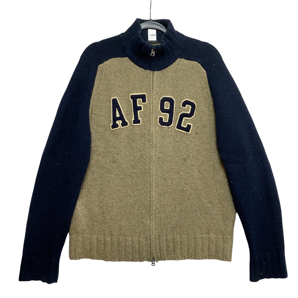 Abercrombie & Fitch Sweater Mens XL Tan Wool Blend Muscle Full Zip AF 92 Patch